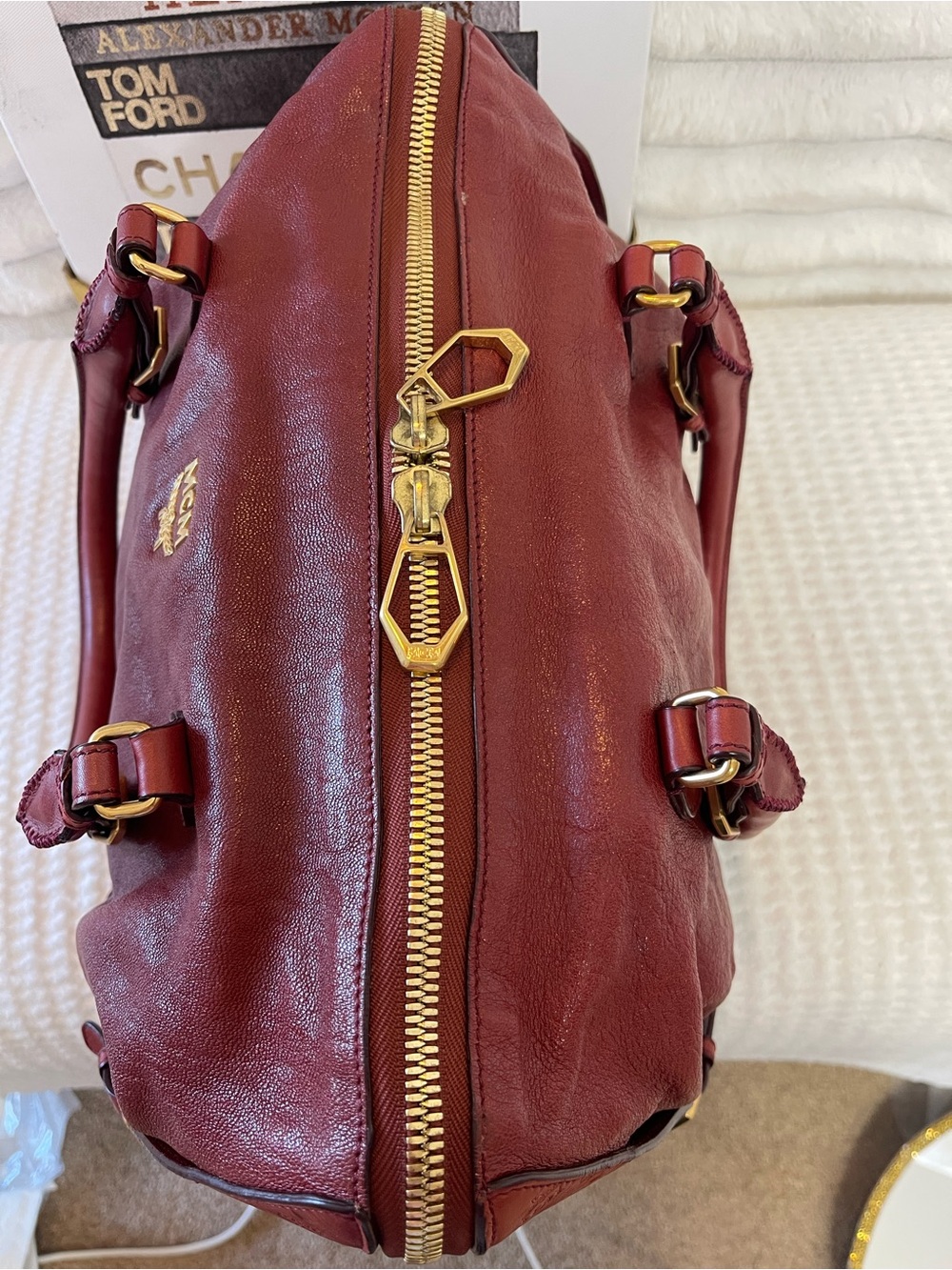 Large MCM Burgundy Leather Satchel with Gold Hardware - Picture 5 of 12